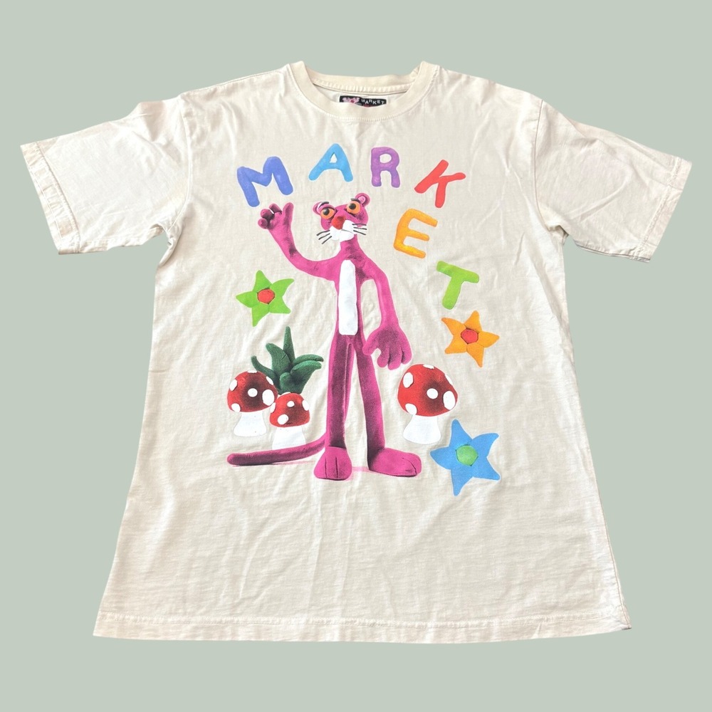 MARKET x Pink Panther Mushroom Graphic T-Shirt Mens Medium Cream Streetwear Tee
